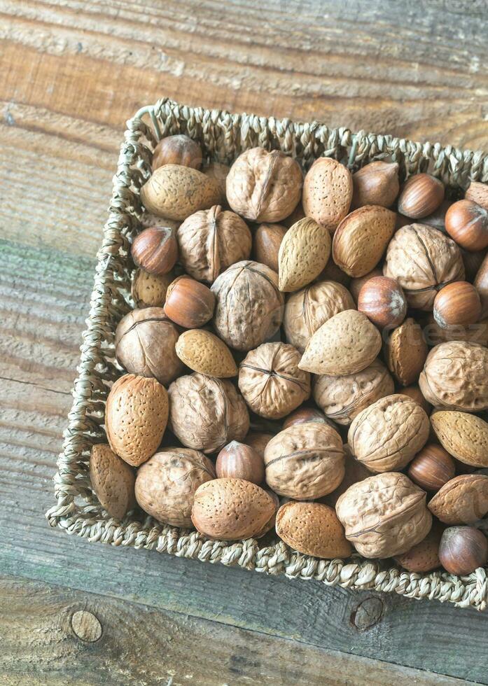 Assortment of nuts in the basket photo