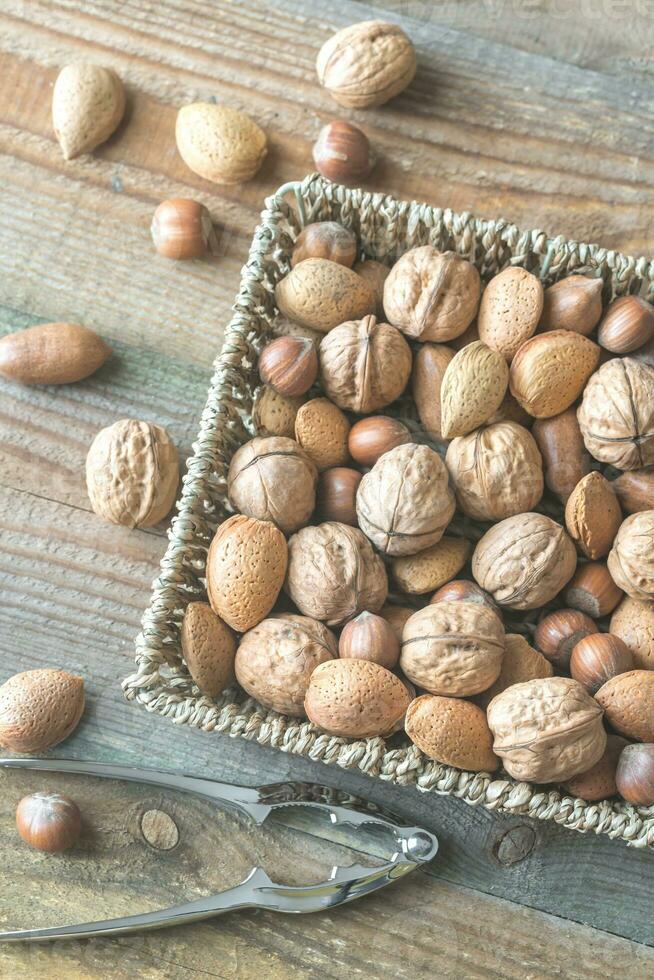 Assortment of nuts in the basket photo