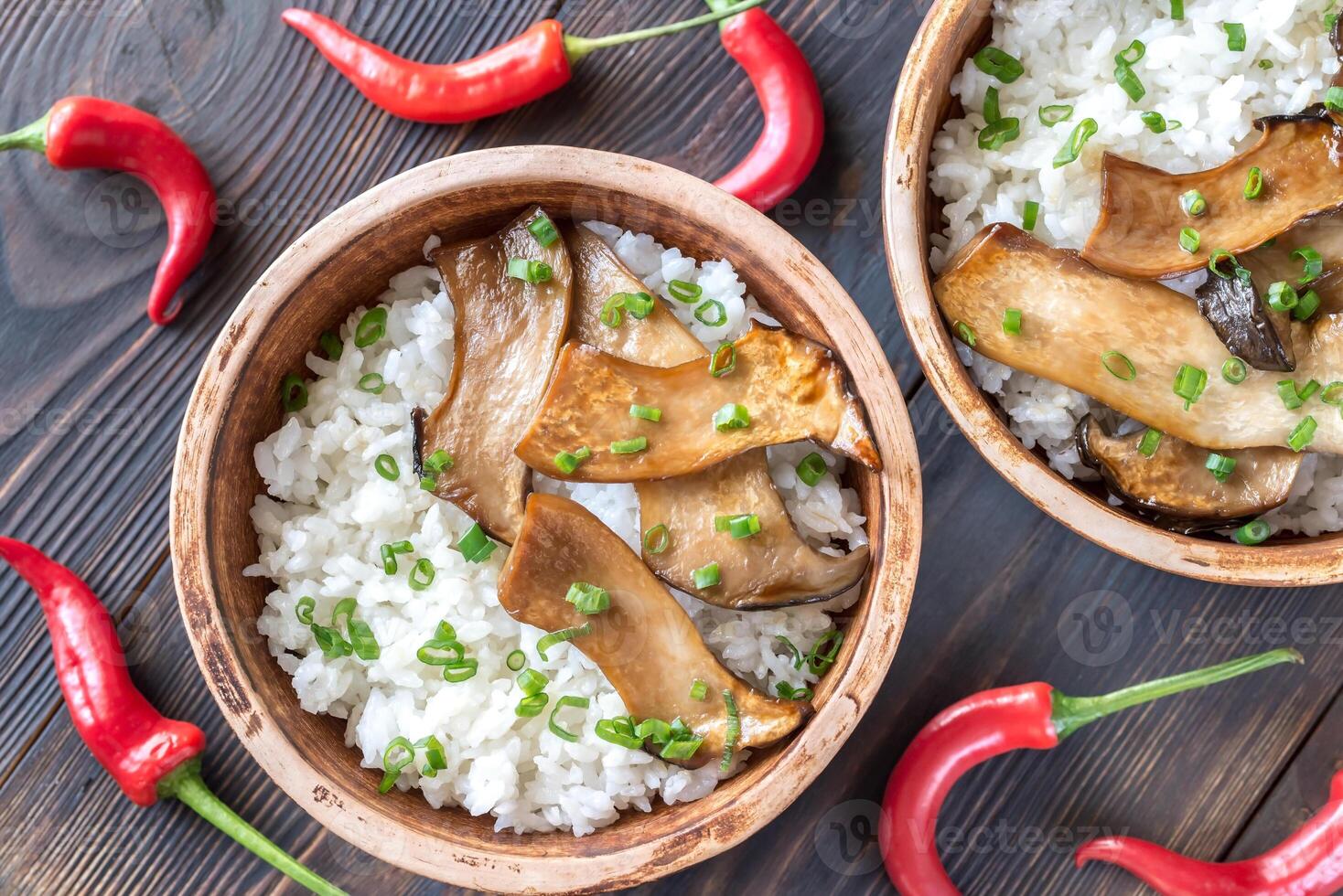 Bowls of rice with teriyaki king oyster mushrooms 26524001 Stock Photo at Vecteezy