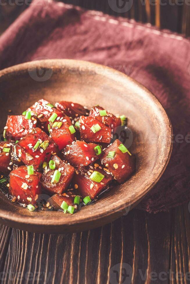 Bowl of poke - traditional Hawaiian dish photo