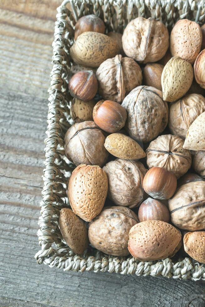 Assortment of nuts in the basket photo