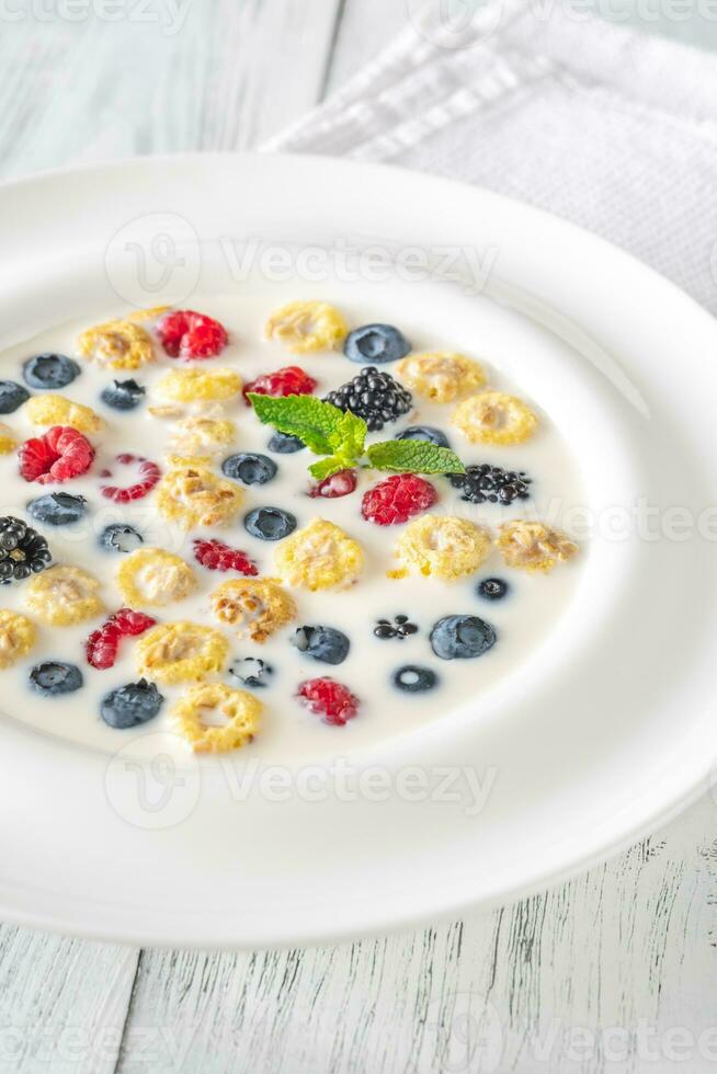 Cereal with milk and berries photo