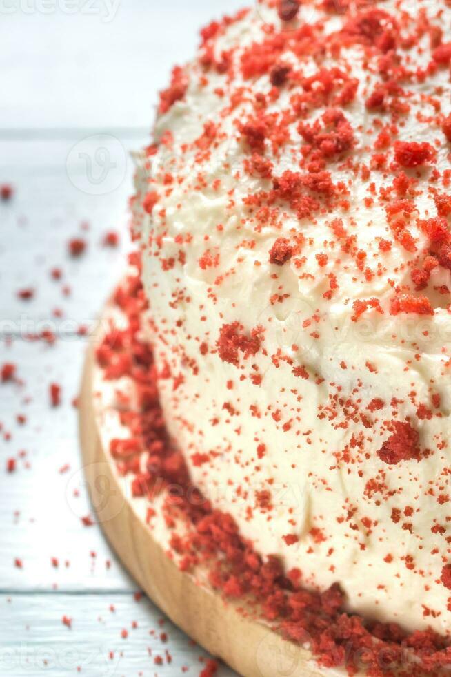 Red velvet cake on the wooden board photo