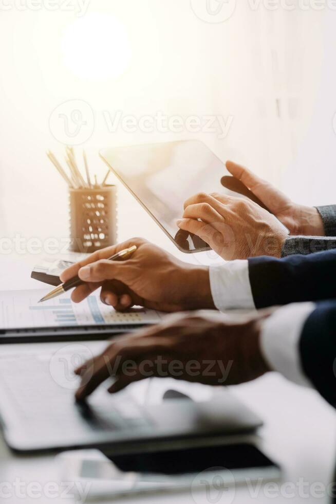 Businessman working on a laptop computer to document management online documentation database digital file storage system software records keeping database technology file access doc sharing. photo