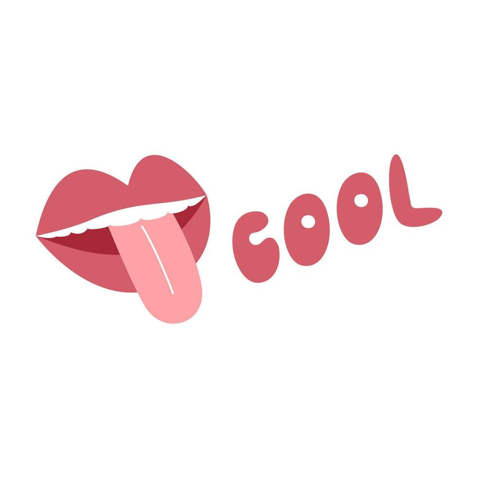 Cool lettering concept isolated on white. Sticker design with open mouth and tongue out. Retro inspirational print. Motivational message with trendy type. Stay cool hand drawn flat vector illustration