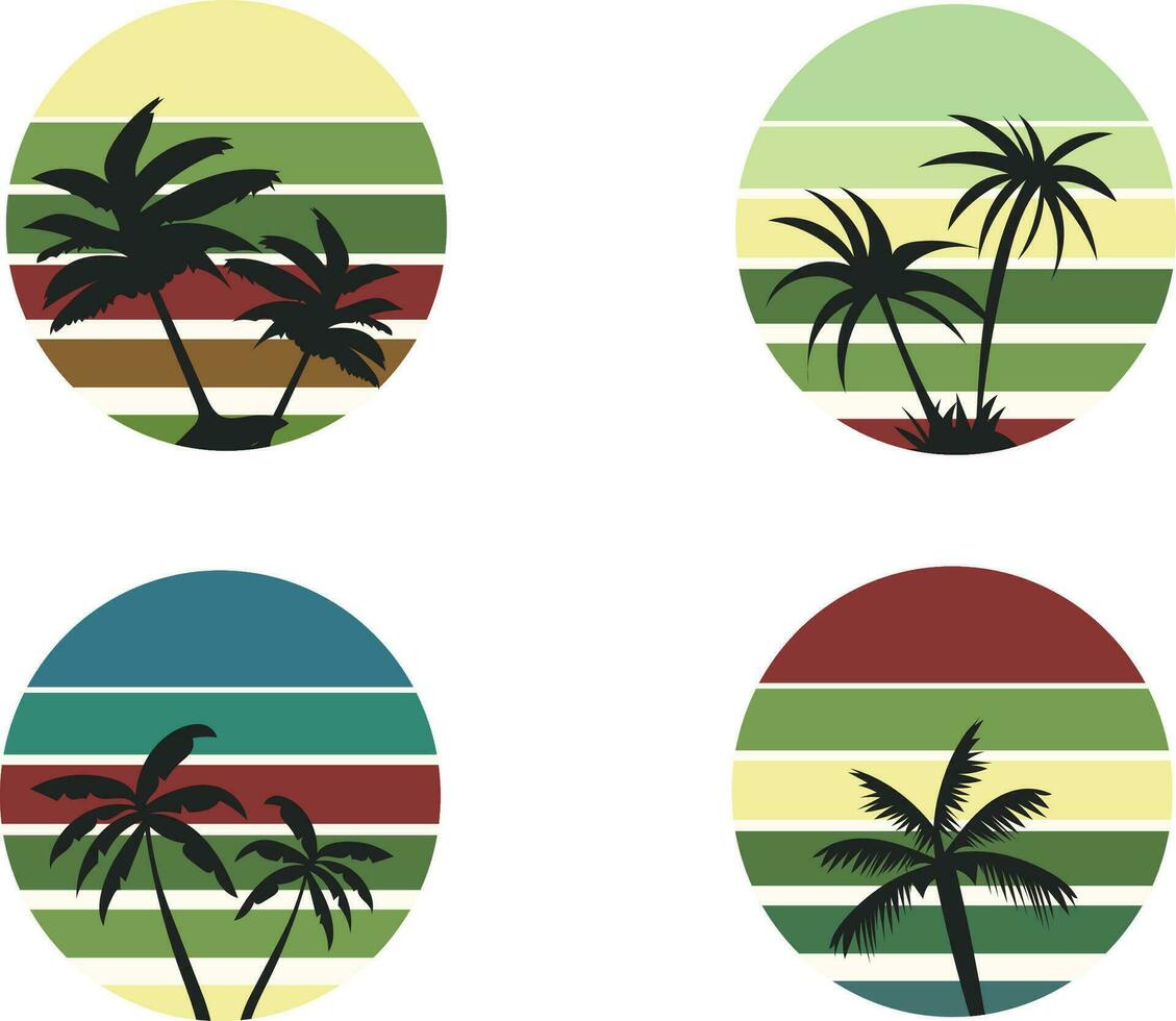 conjunto de isla iconos retro puestas de sol estilo de el Años 80 y 90s iconos un soleado degradado. siluetas de palma arboles vector