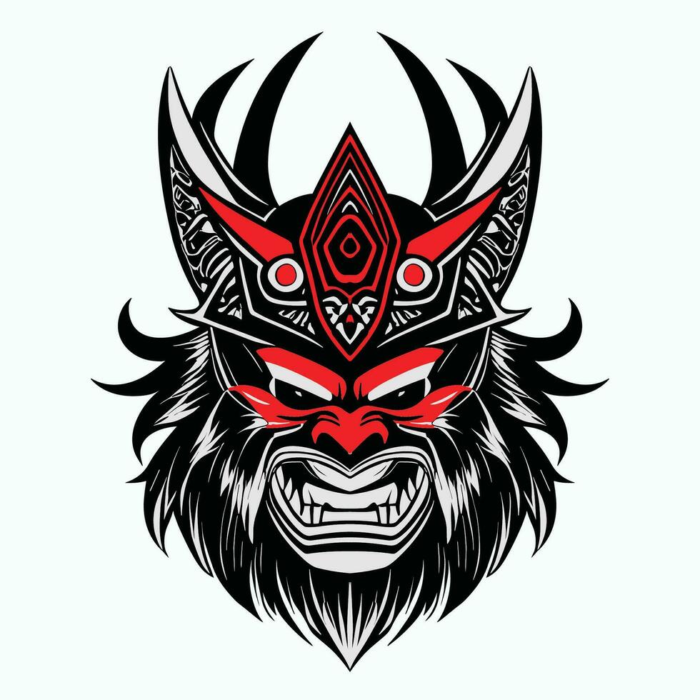 Oni Mask Tattoo T-shirt. Black masked samurai. Traditional Japanese warrior. Vintage isolated vector illustration.