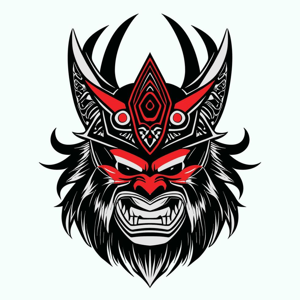 Oni Mask Tattoo T-shirt. Black masked samurai. Traditional Japanese warrior. Vintage isolated vector illustration.