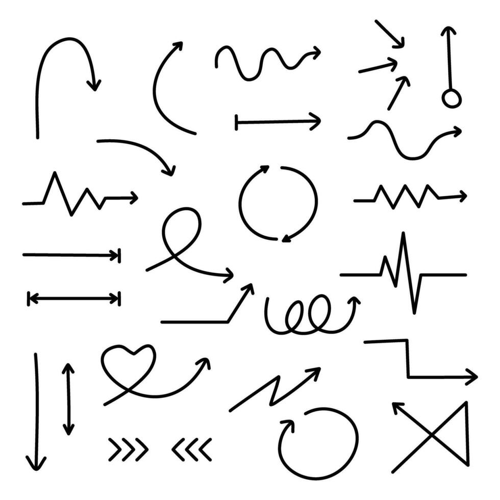 Set of doodle hand drawn arrows. Vector illustration isolated on white background.