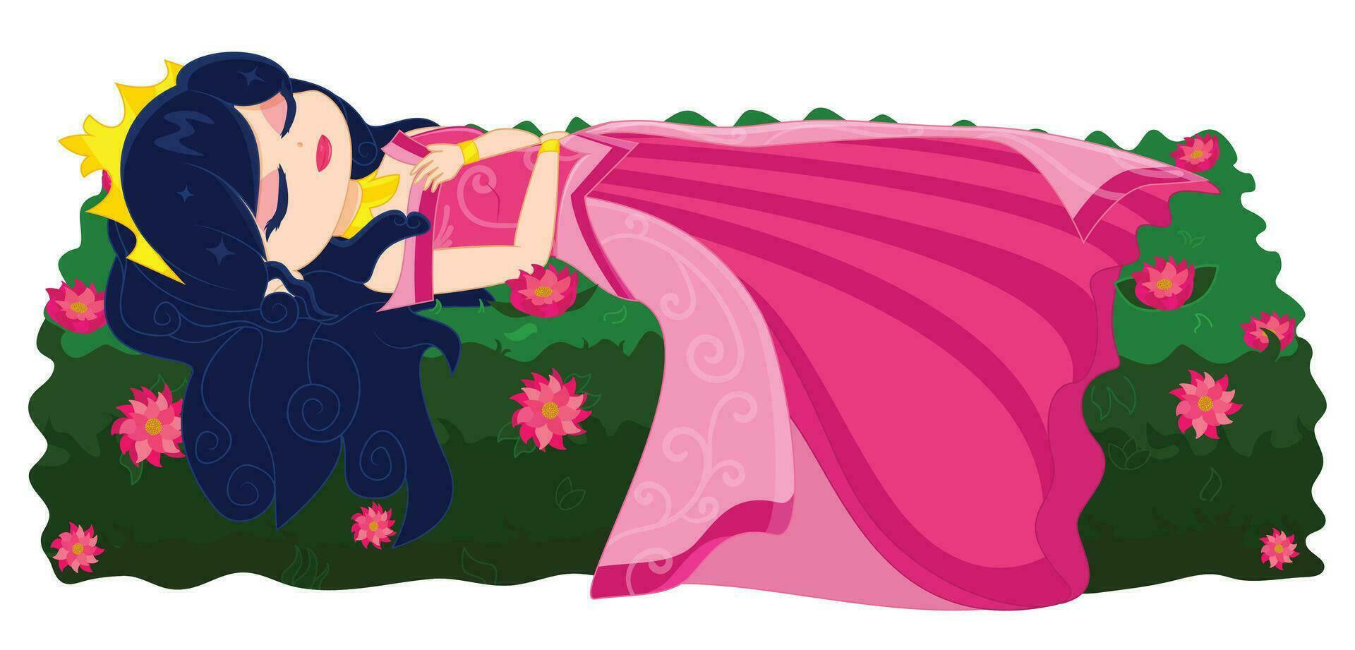 dormido princesa en un rosado vestir en un flor cama vector ilustración