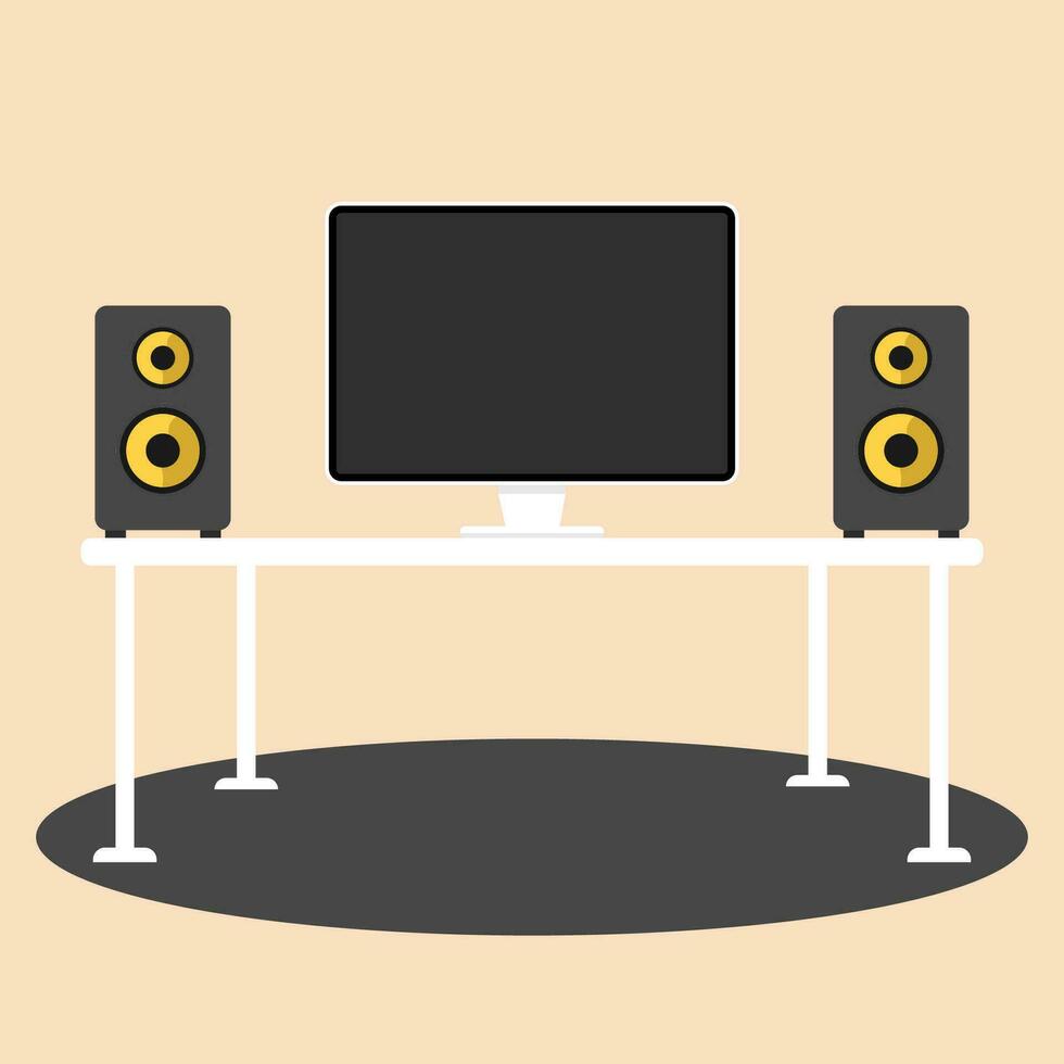 Workplace desk, computer, speaker flat illustration vector