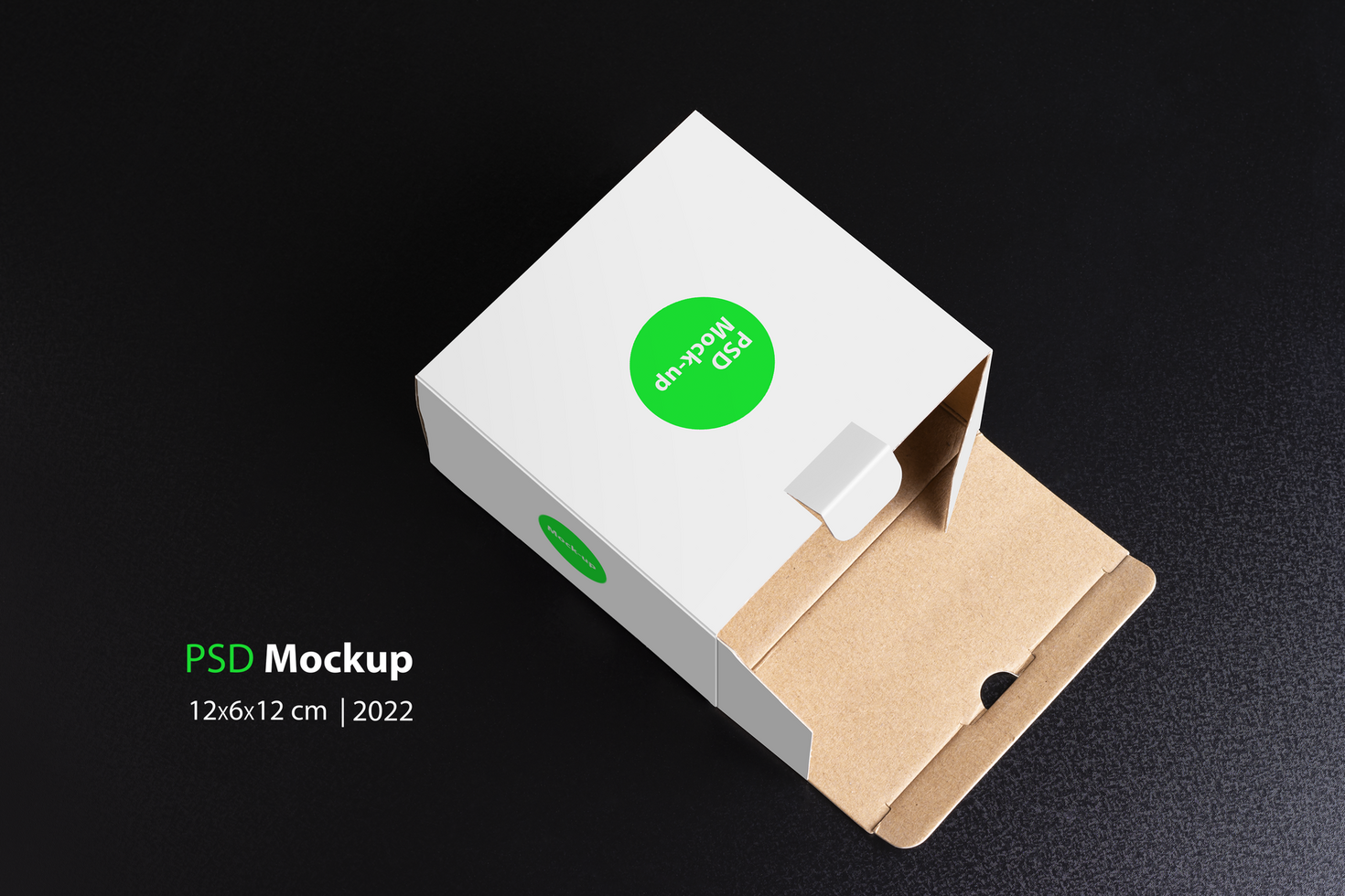 Lay down cubical white box on black background psd