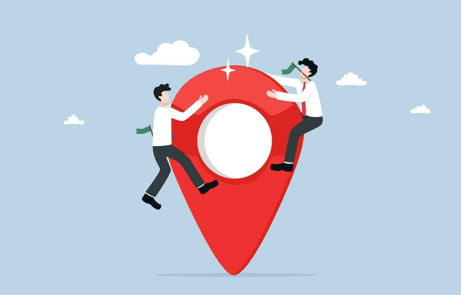 Competing to occupy business space, effort to gain maximum market share in specific area, ambition and leadership concept, Businessmen competing to stand on top of map pin icon. vector