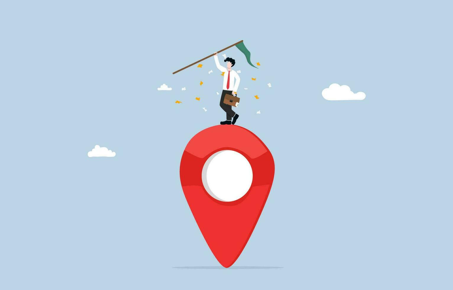 Winning at local marketing, effective branding and positioning in particular, success and leadership concept, Businessman raising flag on top of map pin icon. vector