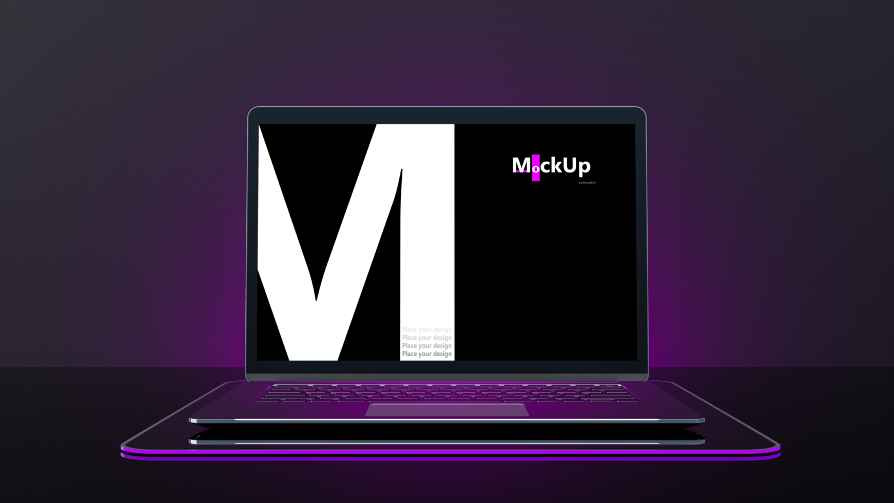 Metallic Laptop Mock-Up on stand and led magenta light border placed on black background. psd