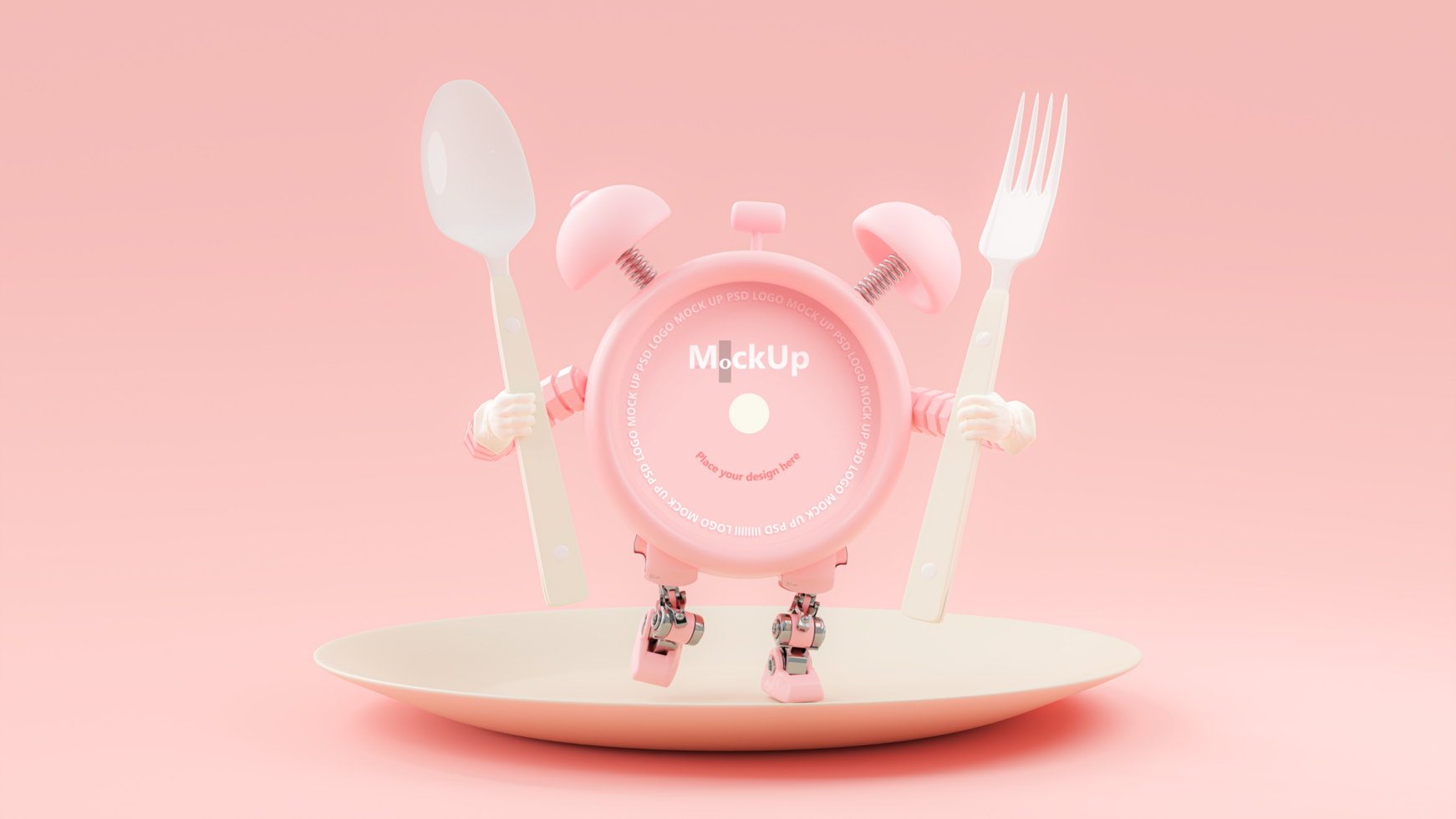 Pink alarm clock robot holding spoon and fork standing on cream color plate. psd