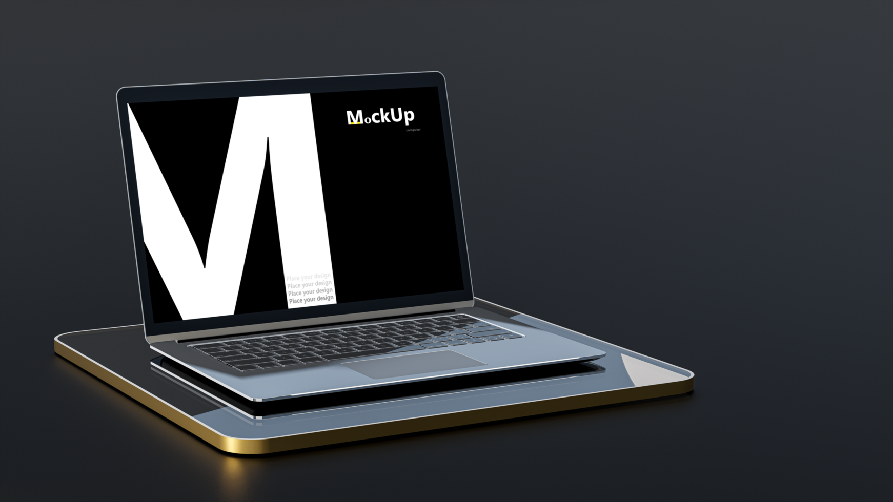 Metallic Laptop Mock-Up on stand and golden border placed on black background. psd