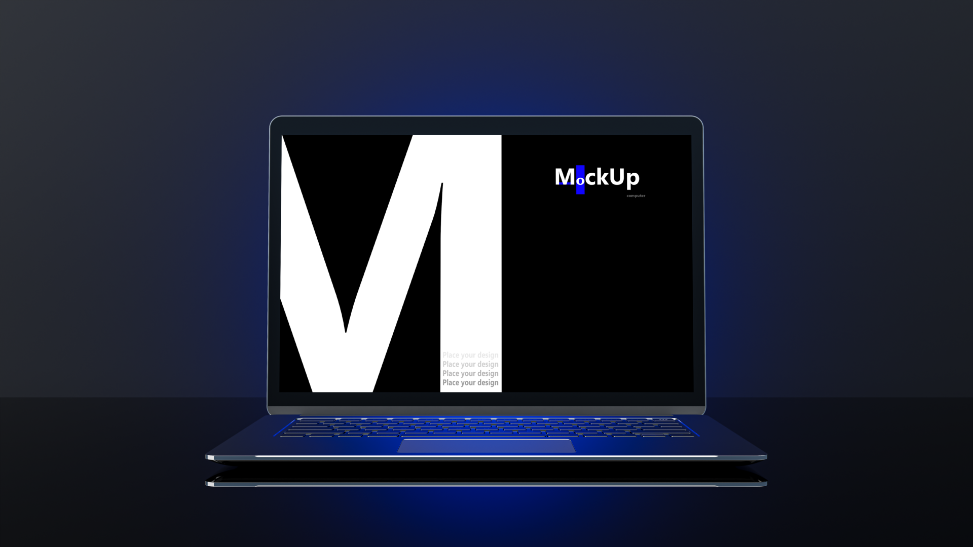 Metallic Laptop Mock-Up on stand and blue light placed on black