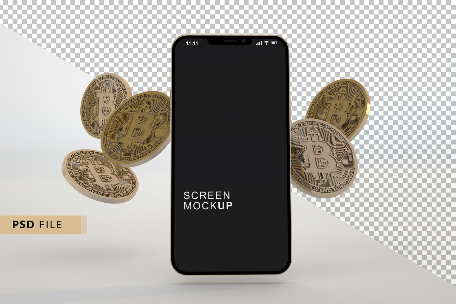 smartphone mockup with floating bitcoint psd