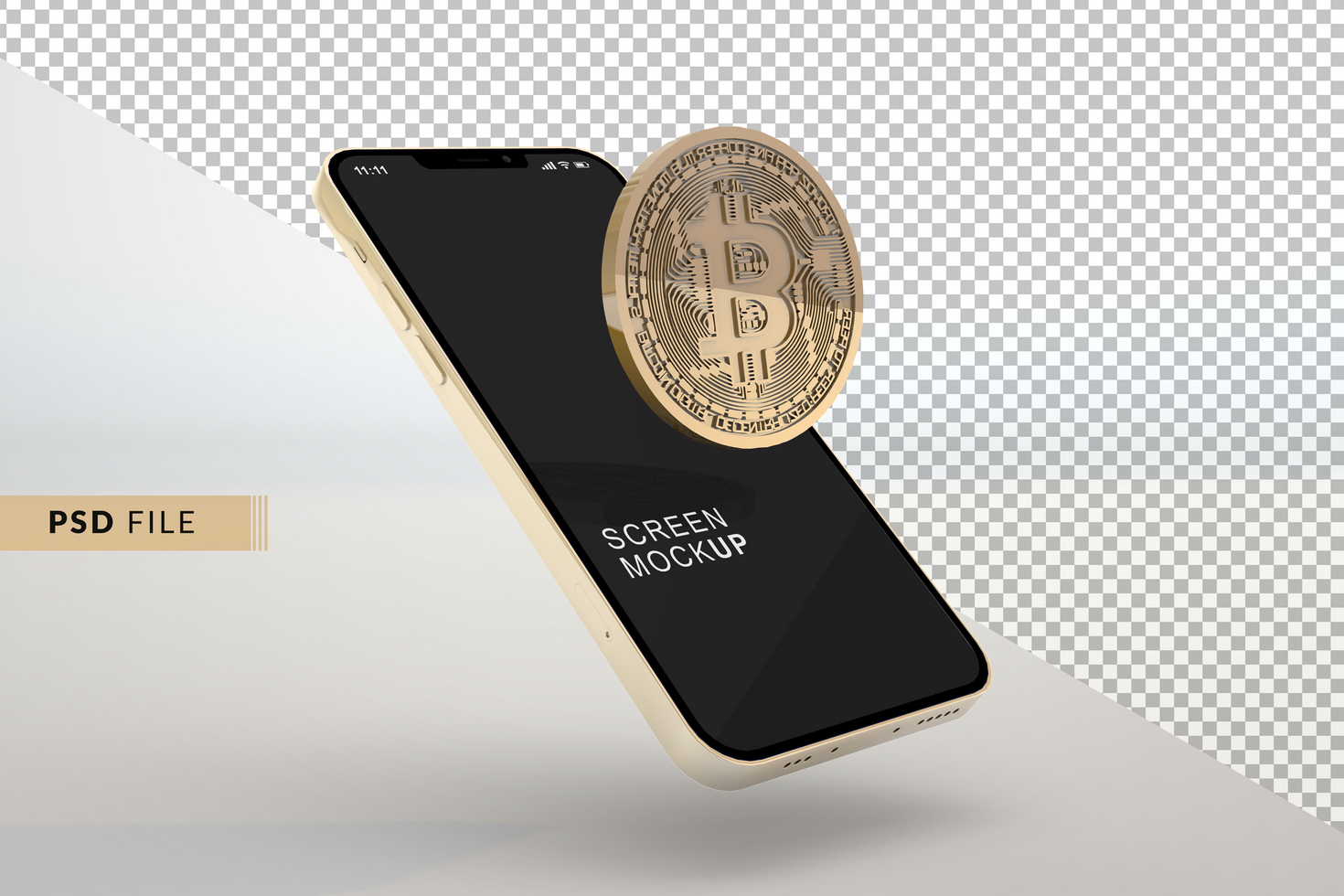 Bitcoin Kryptowährung mit Smartphone Attrappe, Lehrmodell, Simulation psd