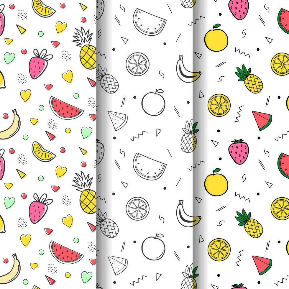 Summer patterns collection with fruits and geometric shapes watermelon cherry pineapple banana strawberry vector