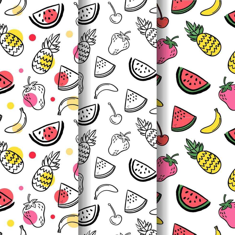 verano patrones colección con frutas sandía Cereza piña plátano fresa vector