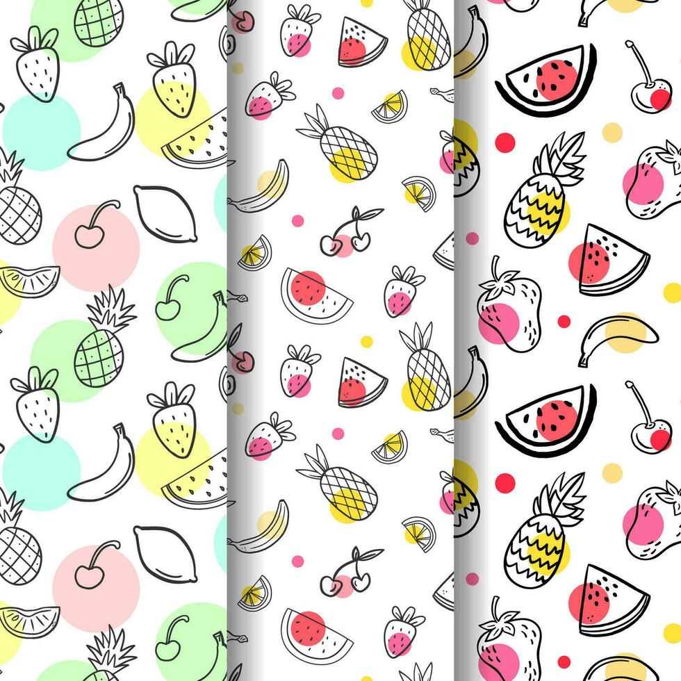 Summer flat patterns collection with fruits watermelon cherry pineapple banana strawberry vector