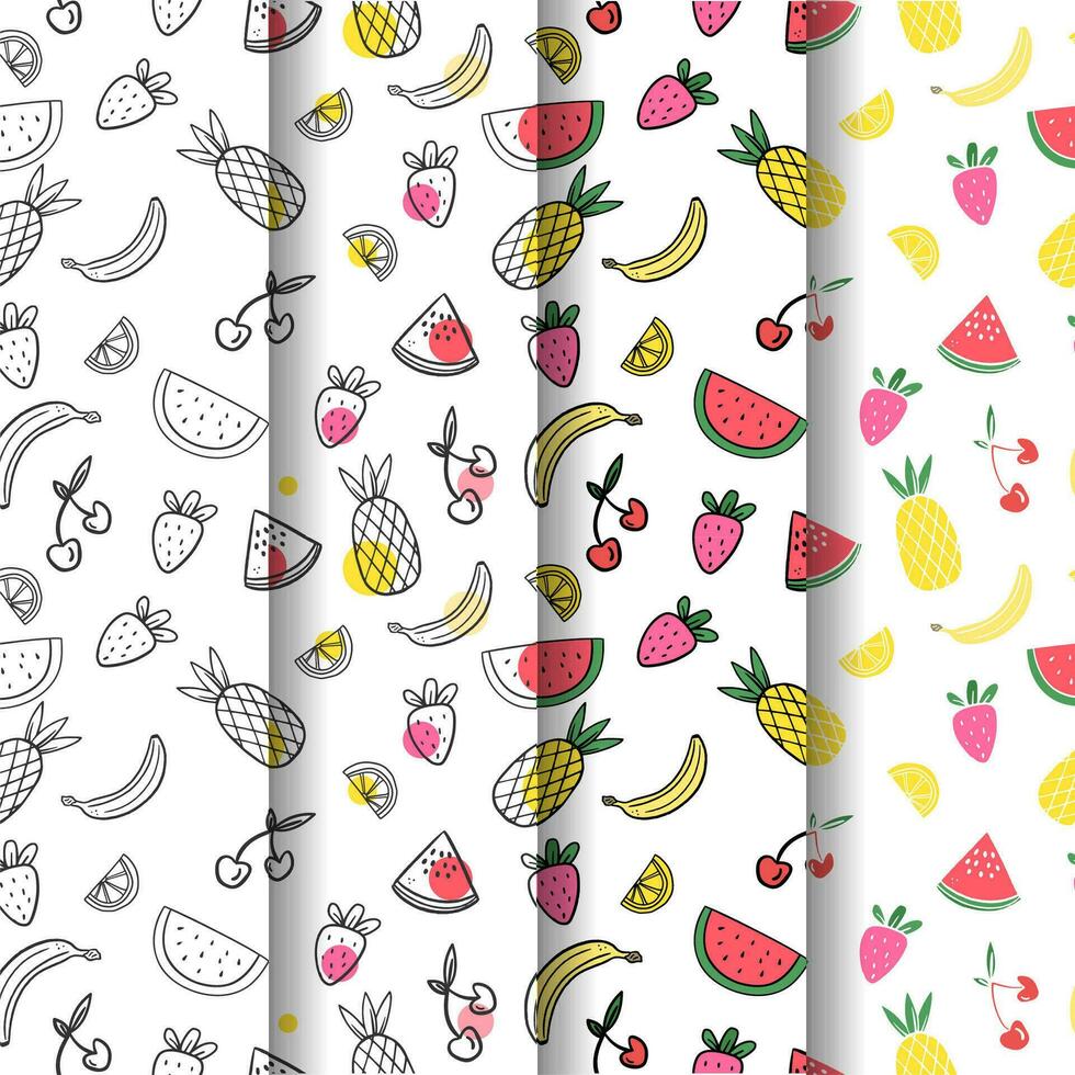 Summer patterns collection with fruits watermelon cherry pineapple banana strawberry vector