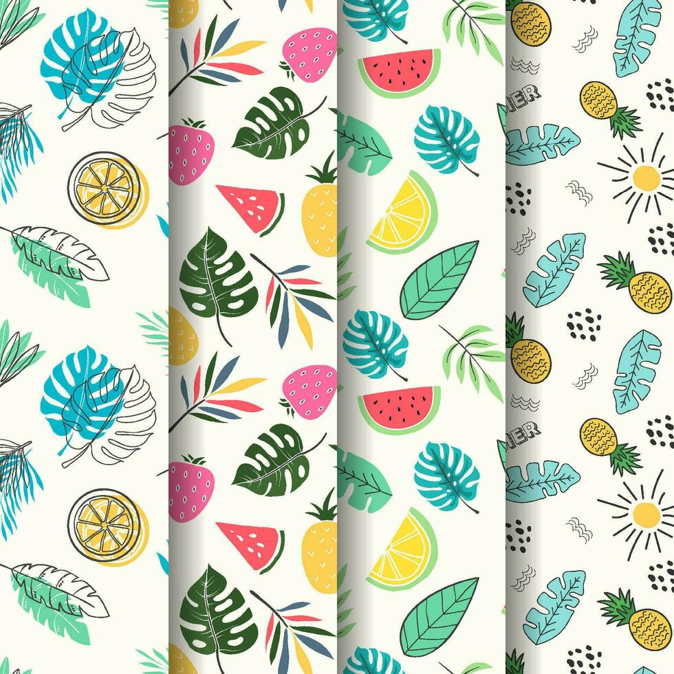 Trendy summer pattern collection with fruits tropical leaves vector