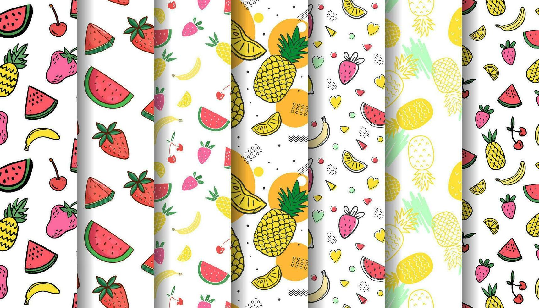 Summer pattern collection with fruits illustration watermelon cherry pineapple banana strawberry vector