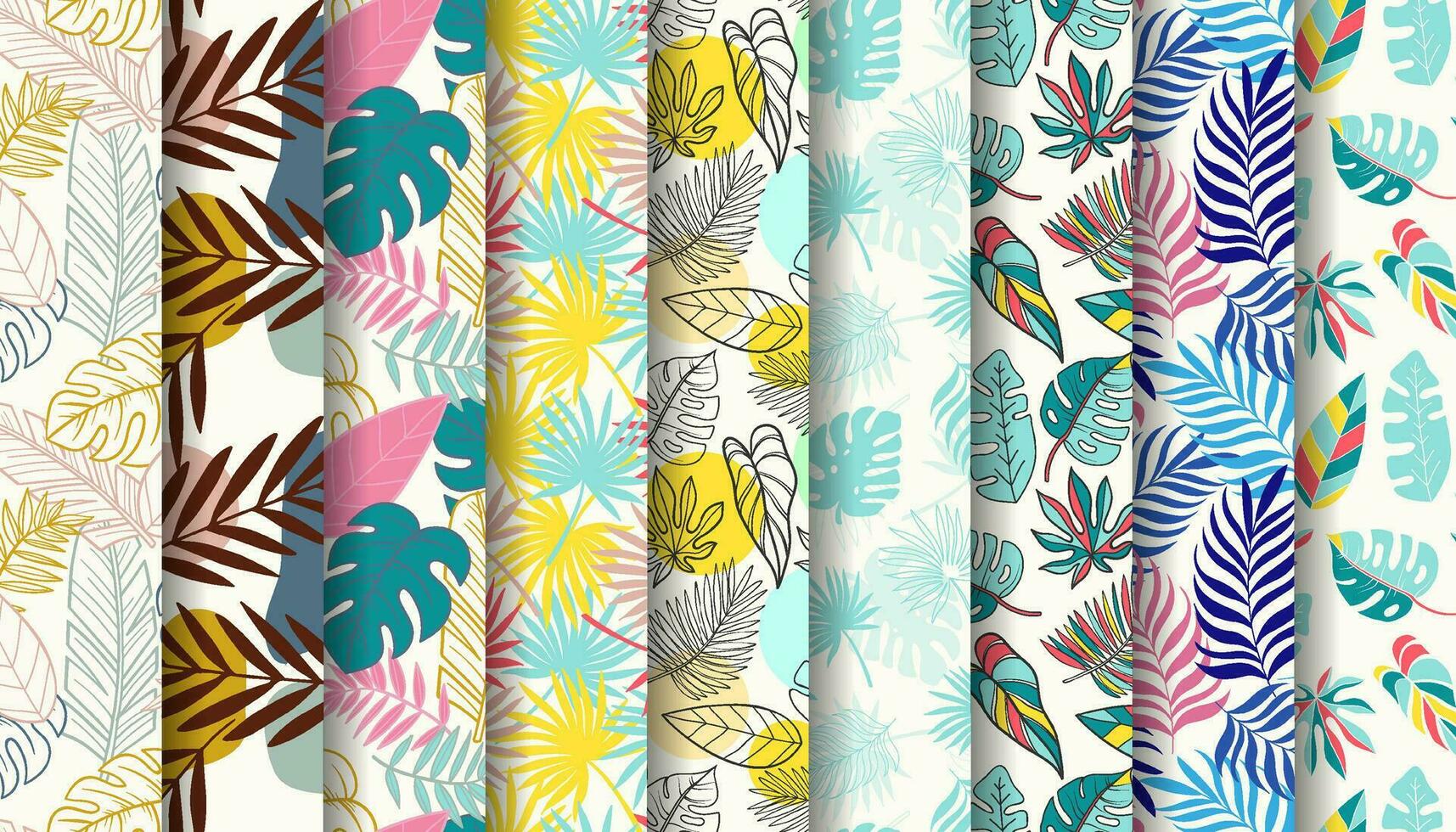 Seamless pattern collection with colorful hand drawn summer tropical leaves vector