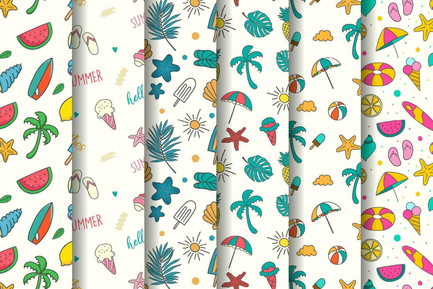 Summer patterns collection with colorful summer elements illustrations vector