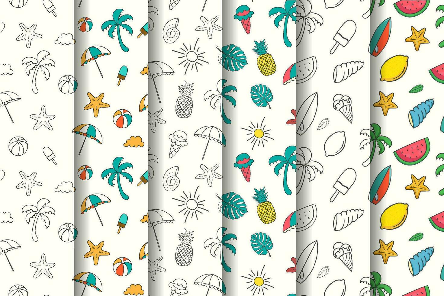 Hand drawn summer patterns collection with summer elements vector