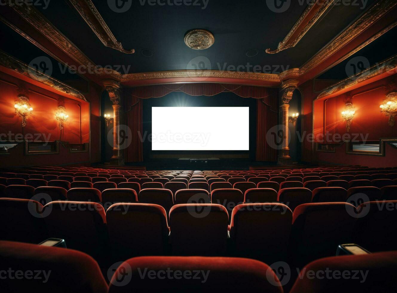 Big cinema with empty screen mockup photo