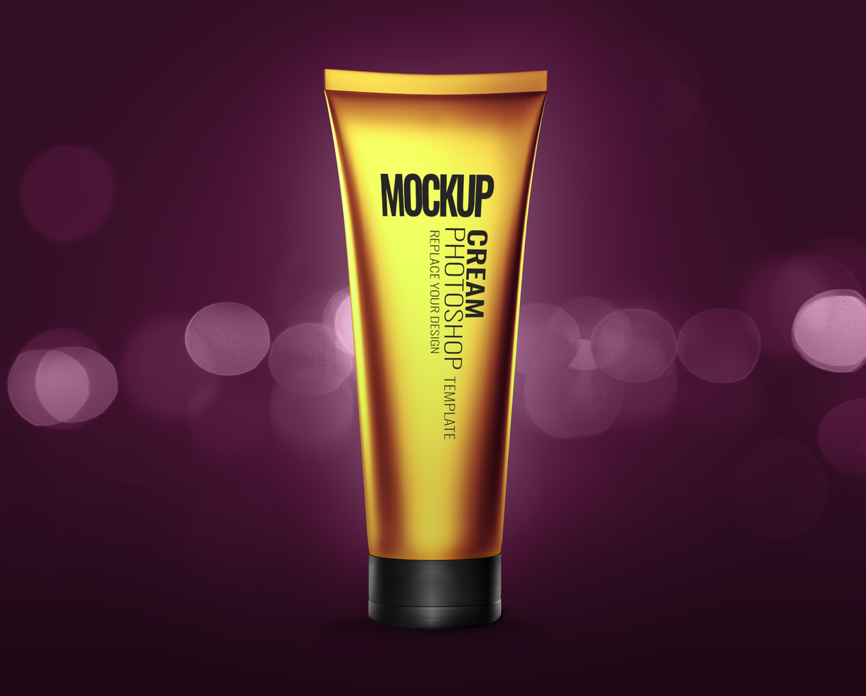 Gold tube cosmetic cream mockup advertising bokeh background psd