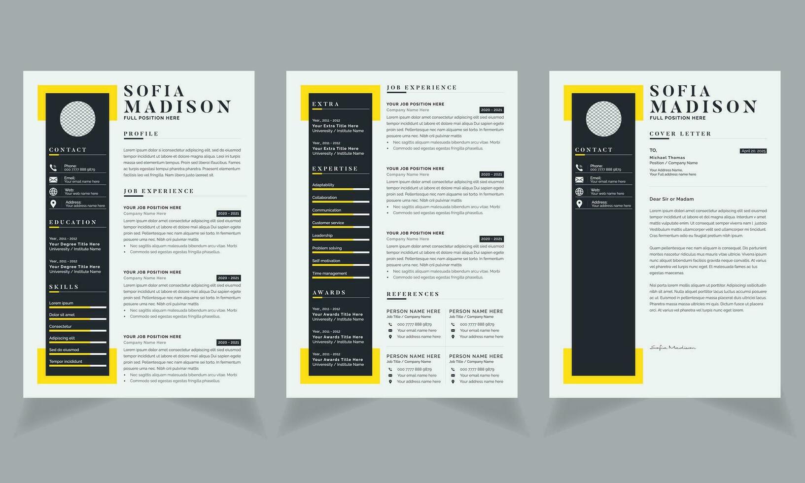 Black Sidebar CV Template with Resume Design and Cover Letter Layout Set vector