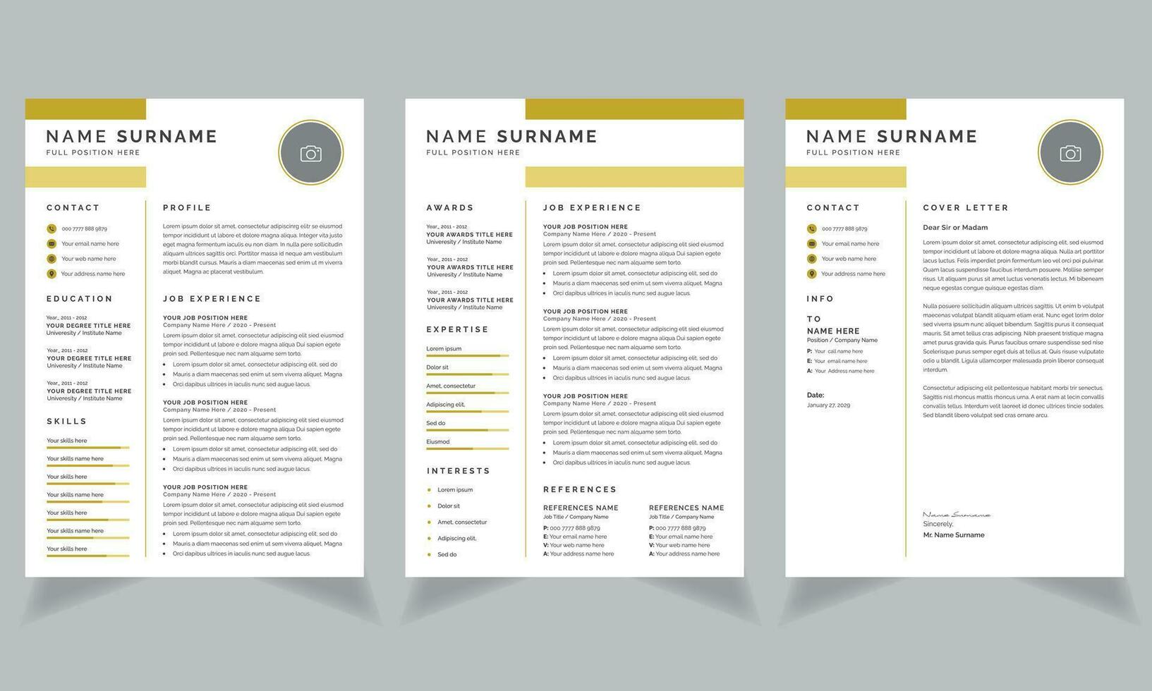 Yellow Resume Layout with Cv Template and Cover Letter Design vector