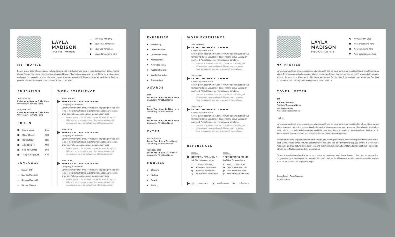 Clean Resume and Cover Letter Layout with Black and White vector