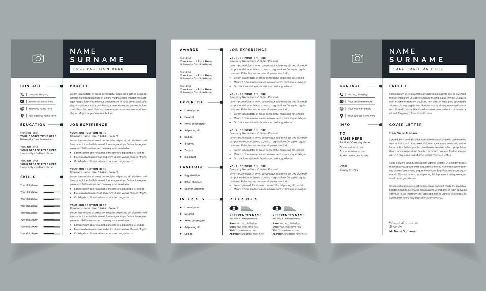 Resume Layout Set with Black Header Cv Template vector