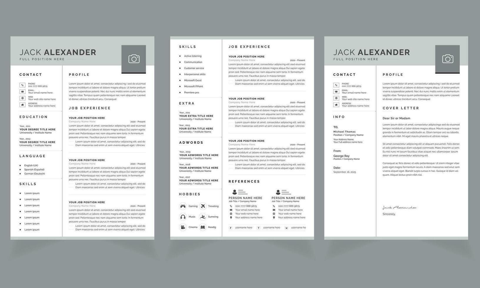 Black and White Resume Layout with Cover Letter Vector Design