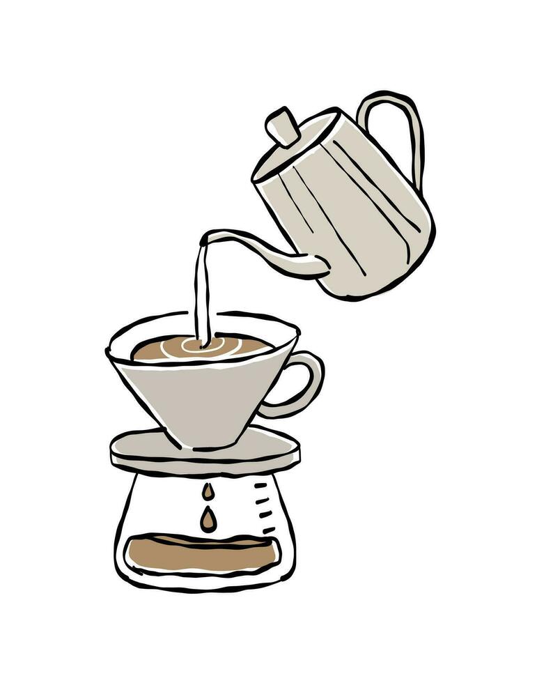 vector line drawn kettle pouring hot water on coffee grinded to making drip coffee