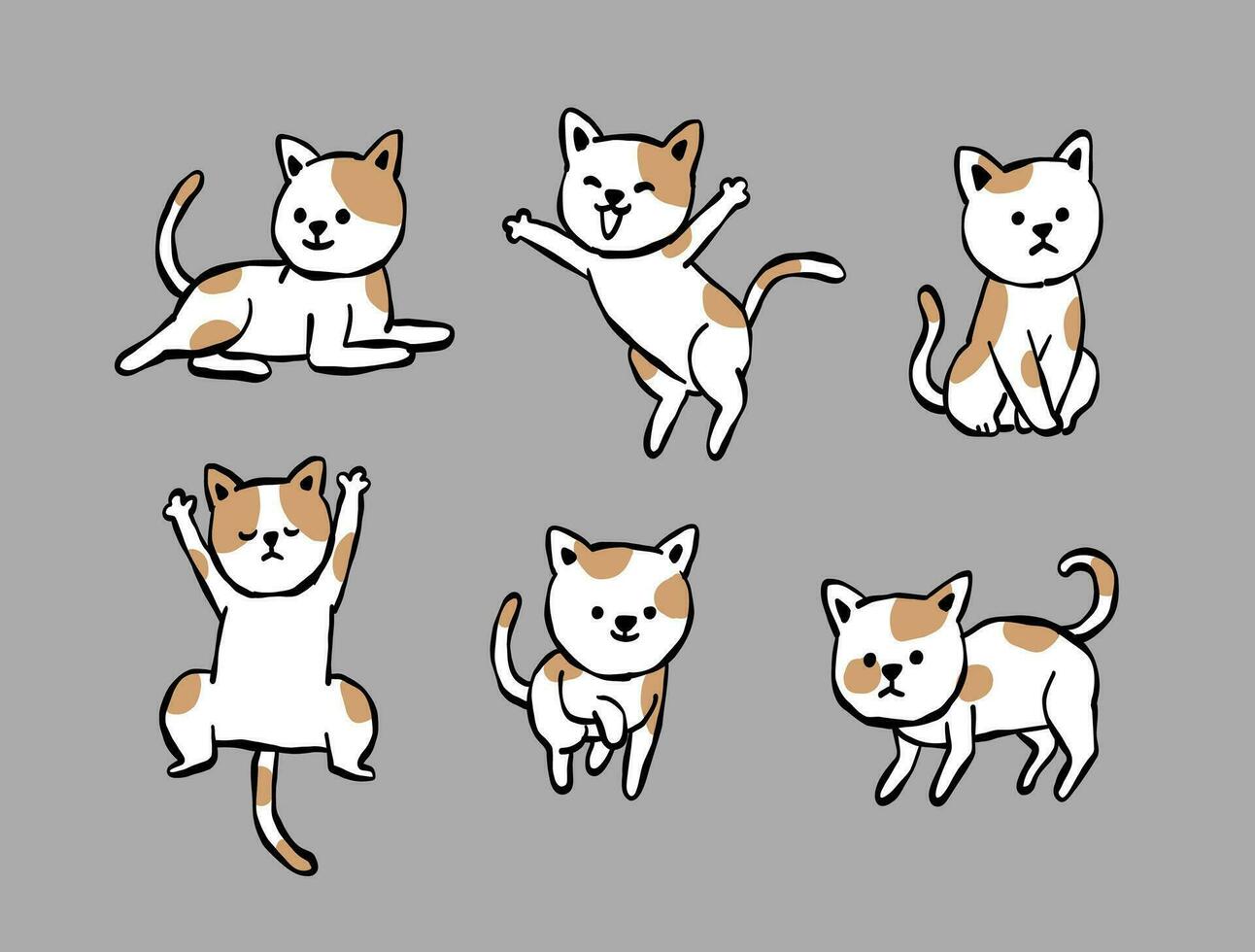 vector set of line drawn cute cat pose