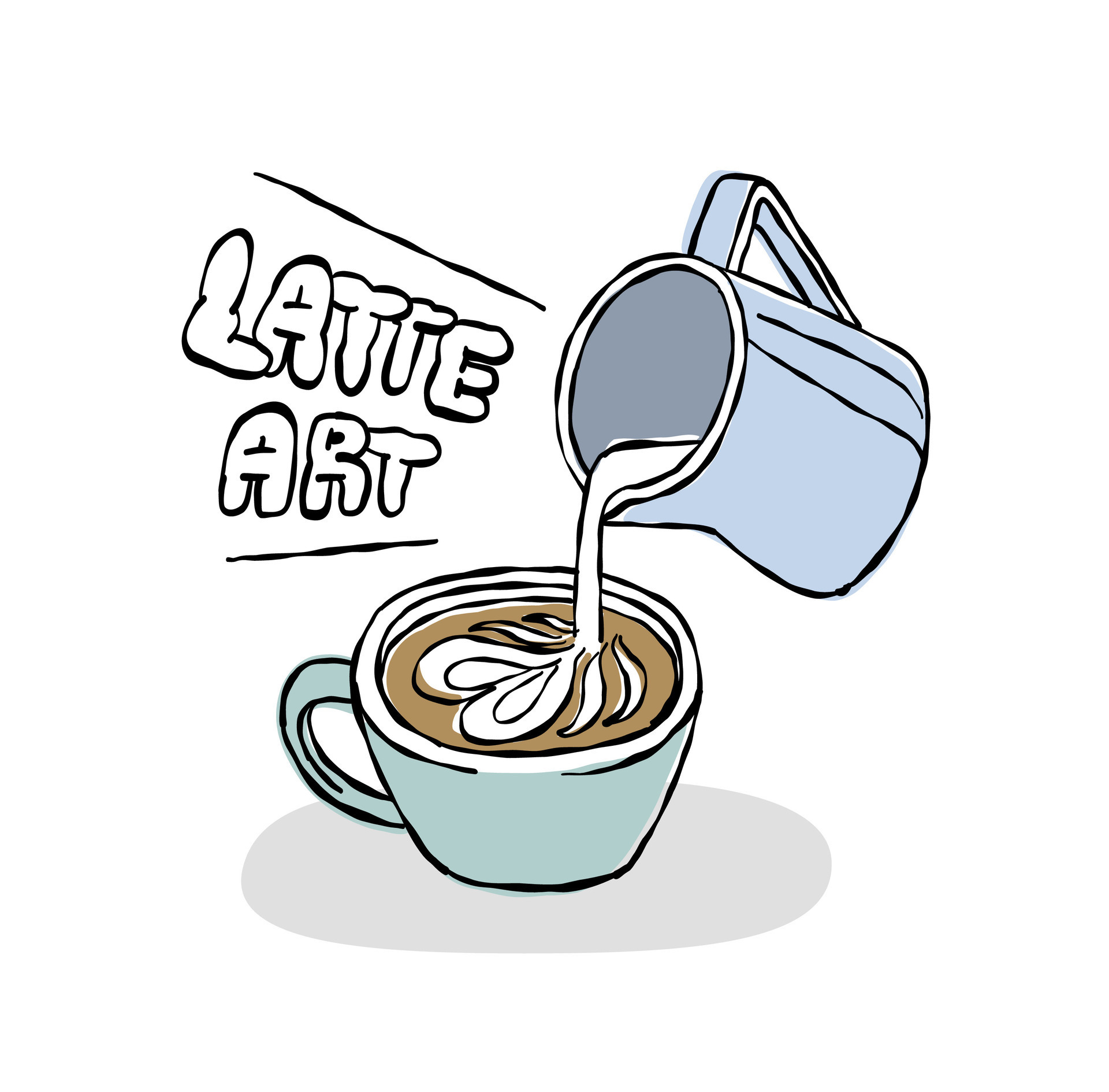 vector line drawn making latte art with pitcher, hot milk foam and cup