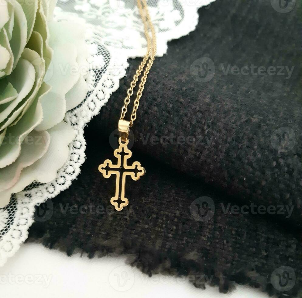 Christian Cross Pendant With Gold Necklace Chain Christian Baptism Gift photo