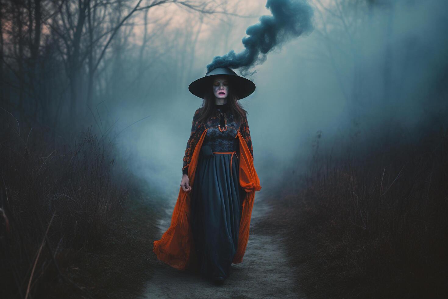 A women in a dark forest created using photo