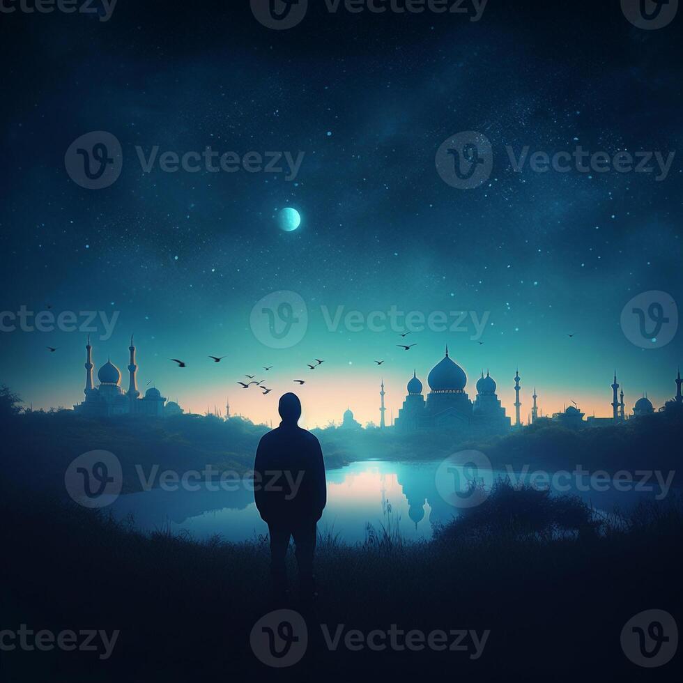 man standing at night in front of mosque created using photo