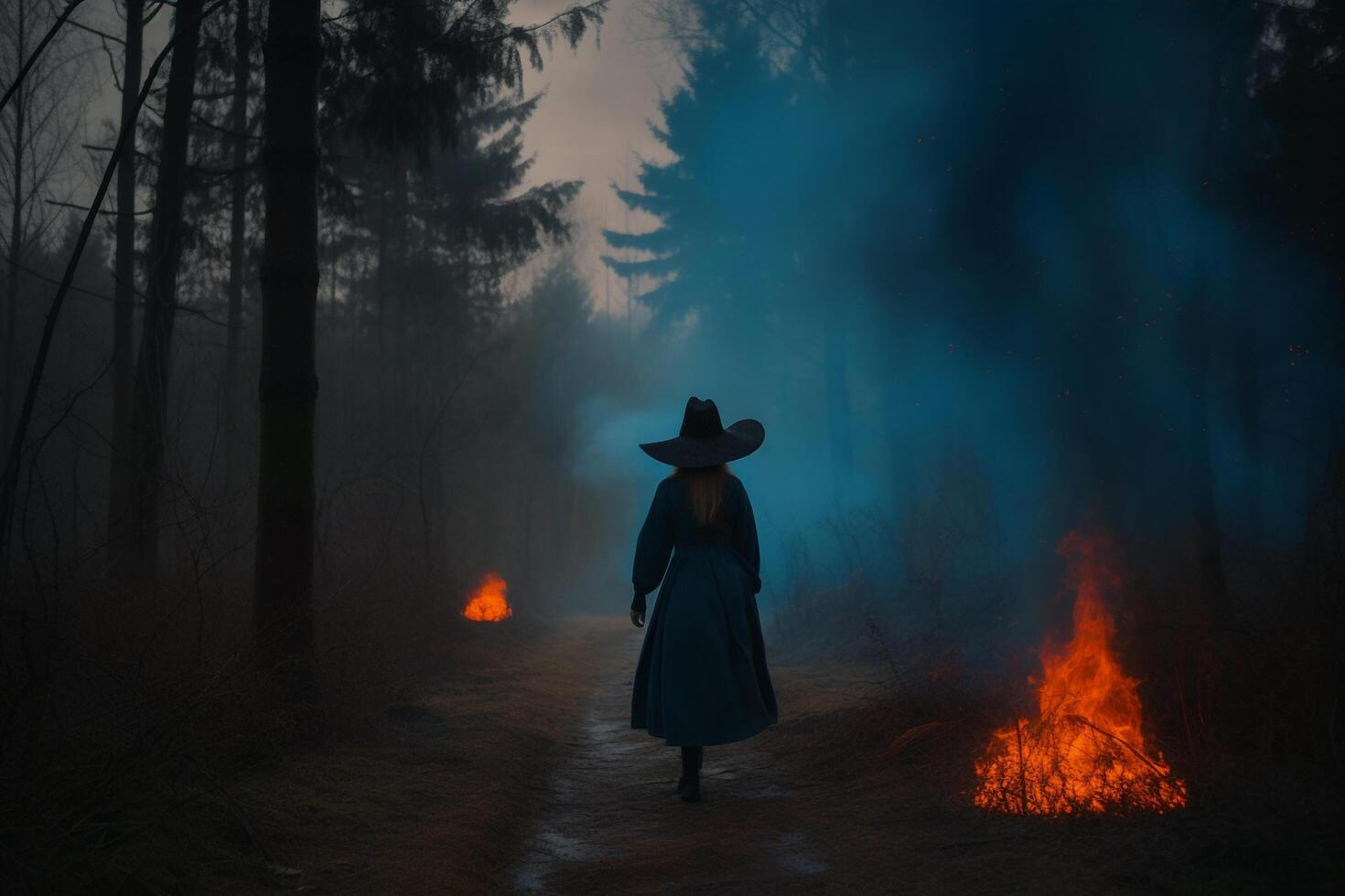 A women in a dark forest created using photo