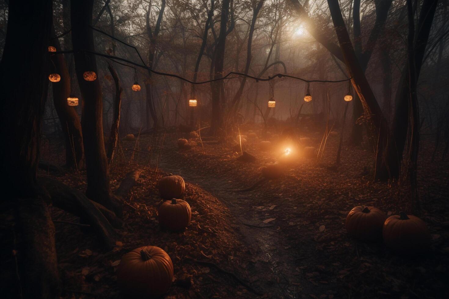 spooky Halloween pumpkin in the forest created using photo