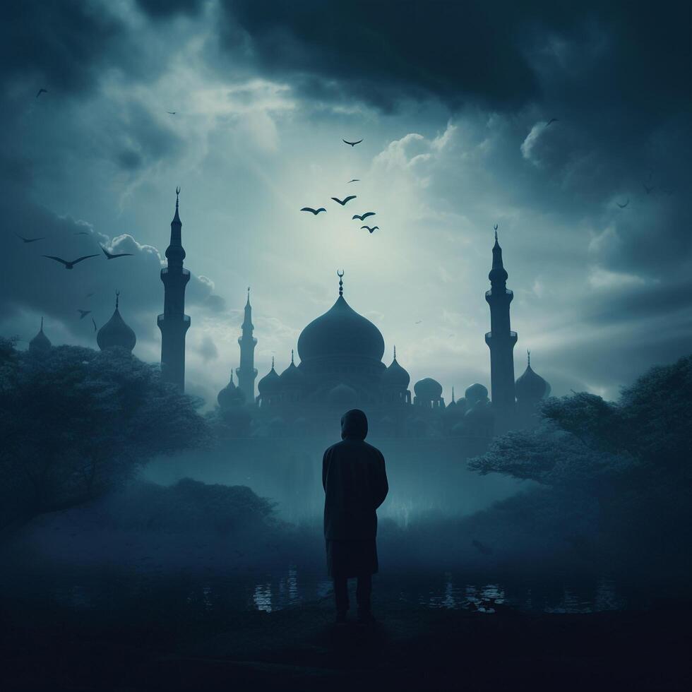 man standing at night in front of mosque created using Generative AI photo