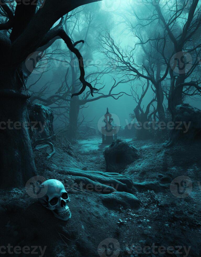 Halloween night in the forest created using Generative AI photo